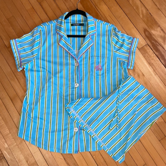 Lauren Ralph Lauren Pajama Set Top Shorts All Over Stripe Pattern Monogram Logo - Picture 1 of 15
